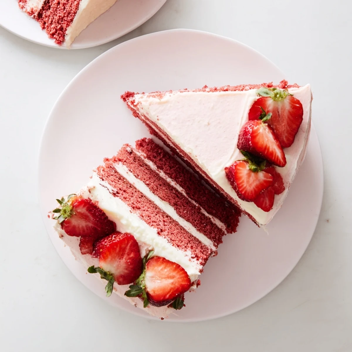 A slice of moist Strawberry Velvet Cake on a white plate, revealing delicate layers filled with strawberry purée and topped with rich frosting.