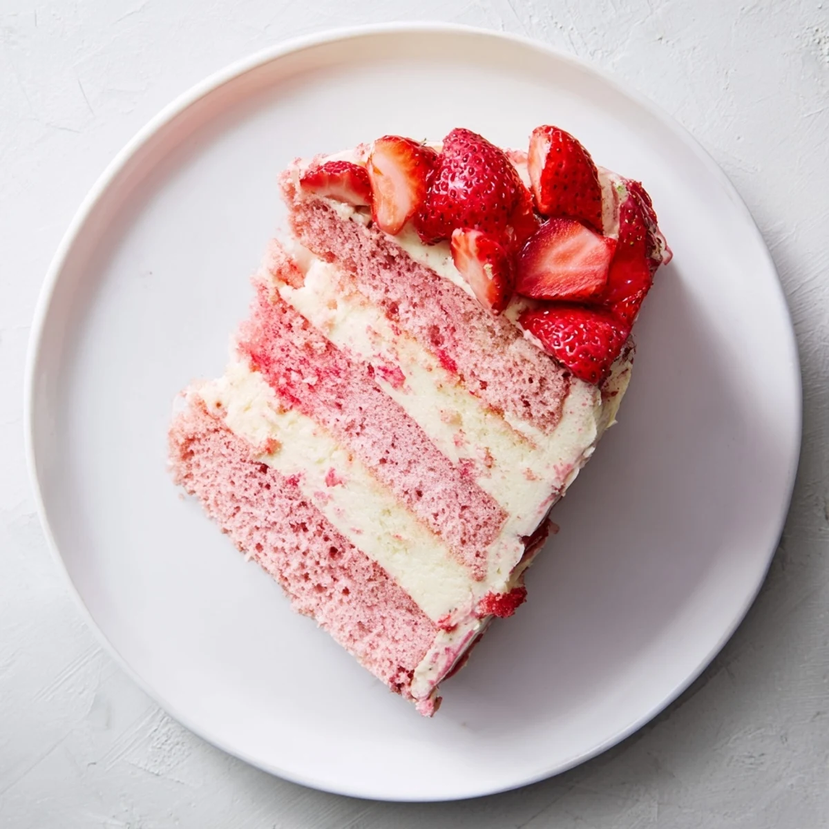 Overhead view of a whole Strawberry Velvet Cake decorated with halved strawberries, showing its velvety texture and elegant spring dessert presentation.