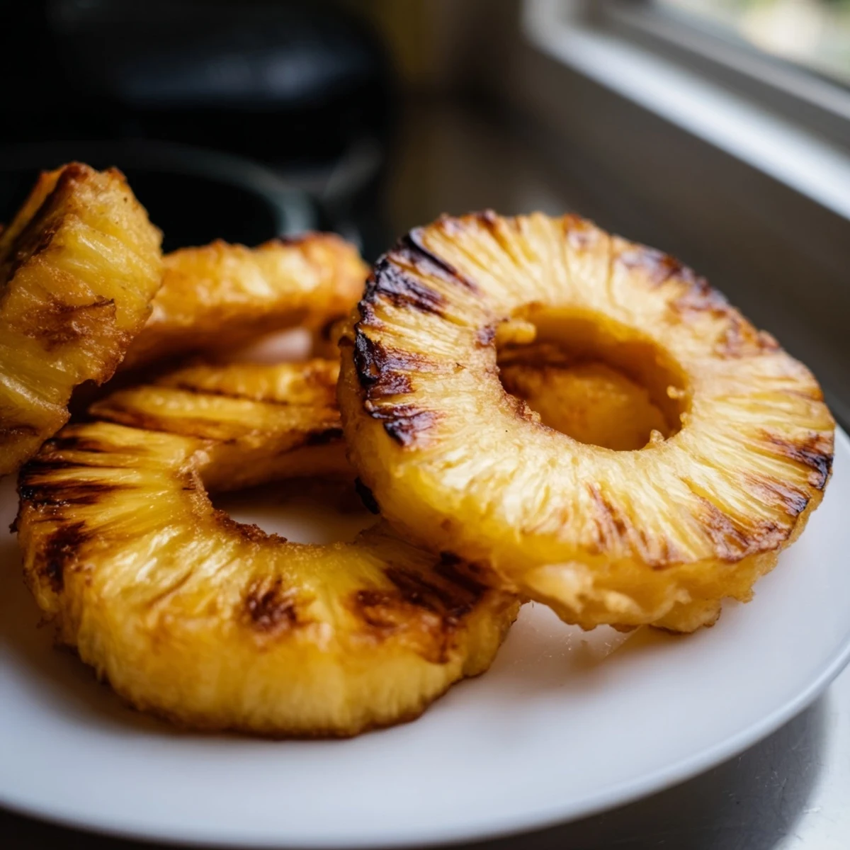 Golden fried pineapple rings sit atop a scoop of vanilla ice cream, drizzled with honey.