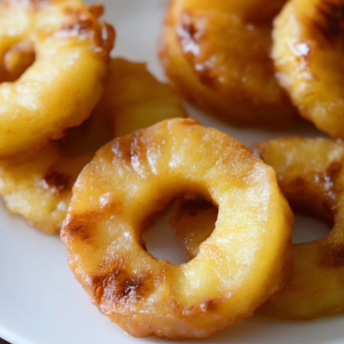 Crispy fried pineapple rings are stacked high, garnished with toasted coconut and a sprinkle of cinnamon.