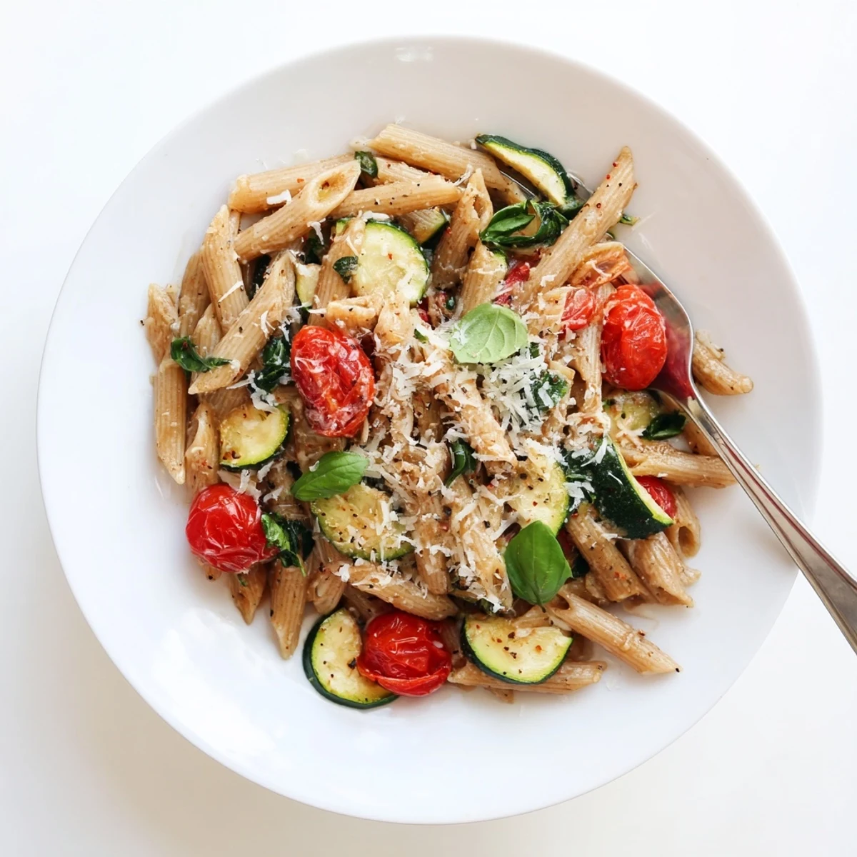 Freshly cooked Healthy Tomato Zucchini Pasta in a white bowl, garnished with basil and Parmesan, served warm.
