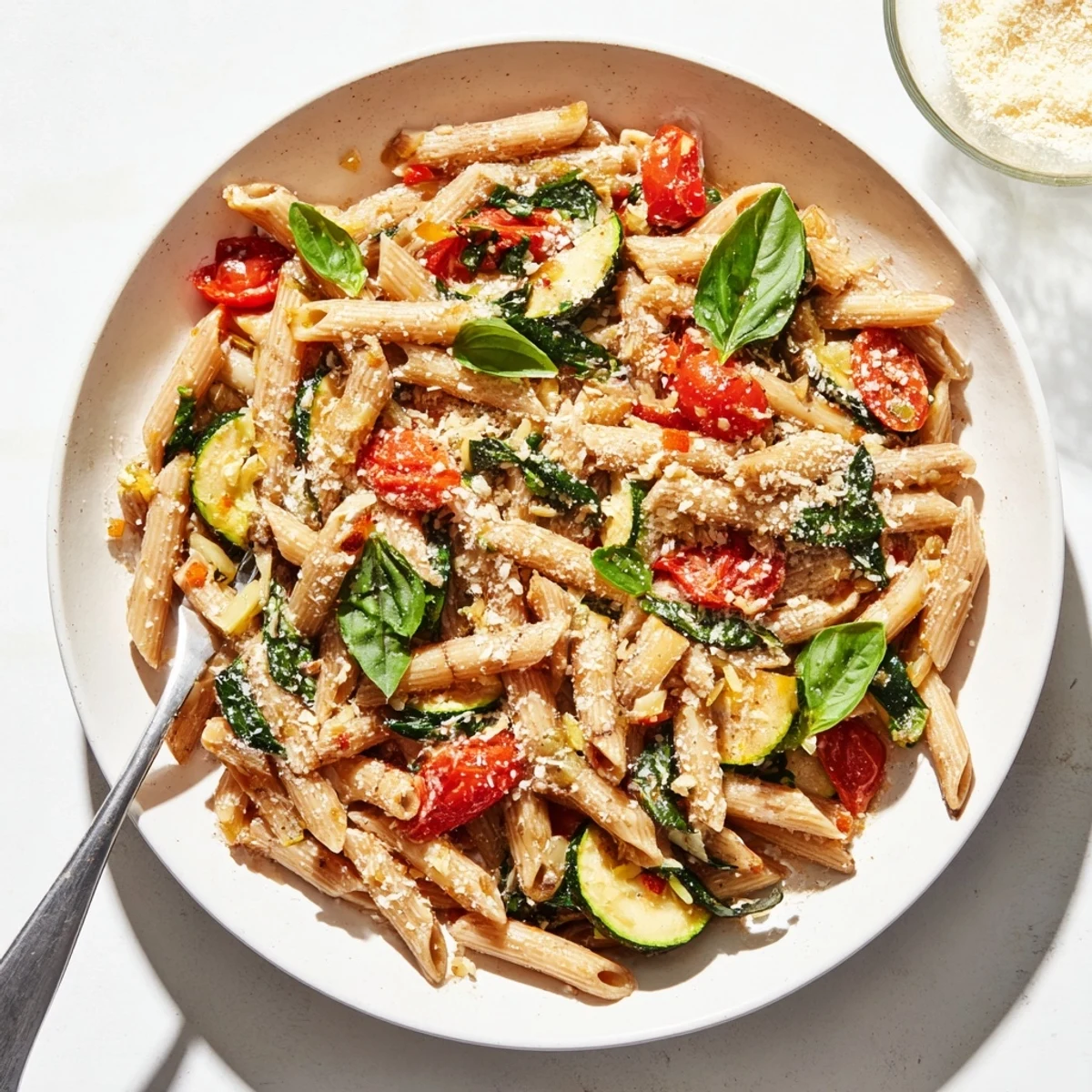 Close-up of Healthy Tomato Zucchini Pasta with al dente whole wheat noodles, olive oil drizzle, and vibrant summer vegetables.