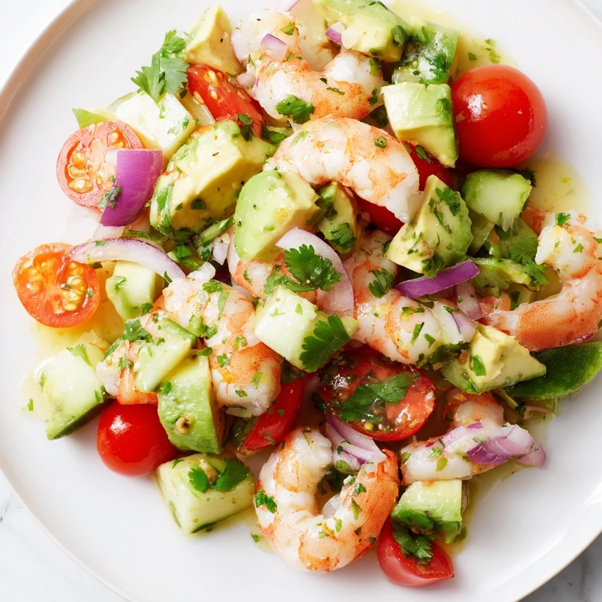 Freshly cooked shrimp and diced avocado in Healthy Shrimp Avocado Salad with lime dressing, served in a white bowl.