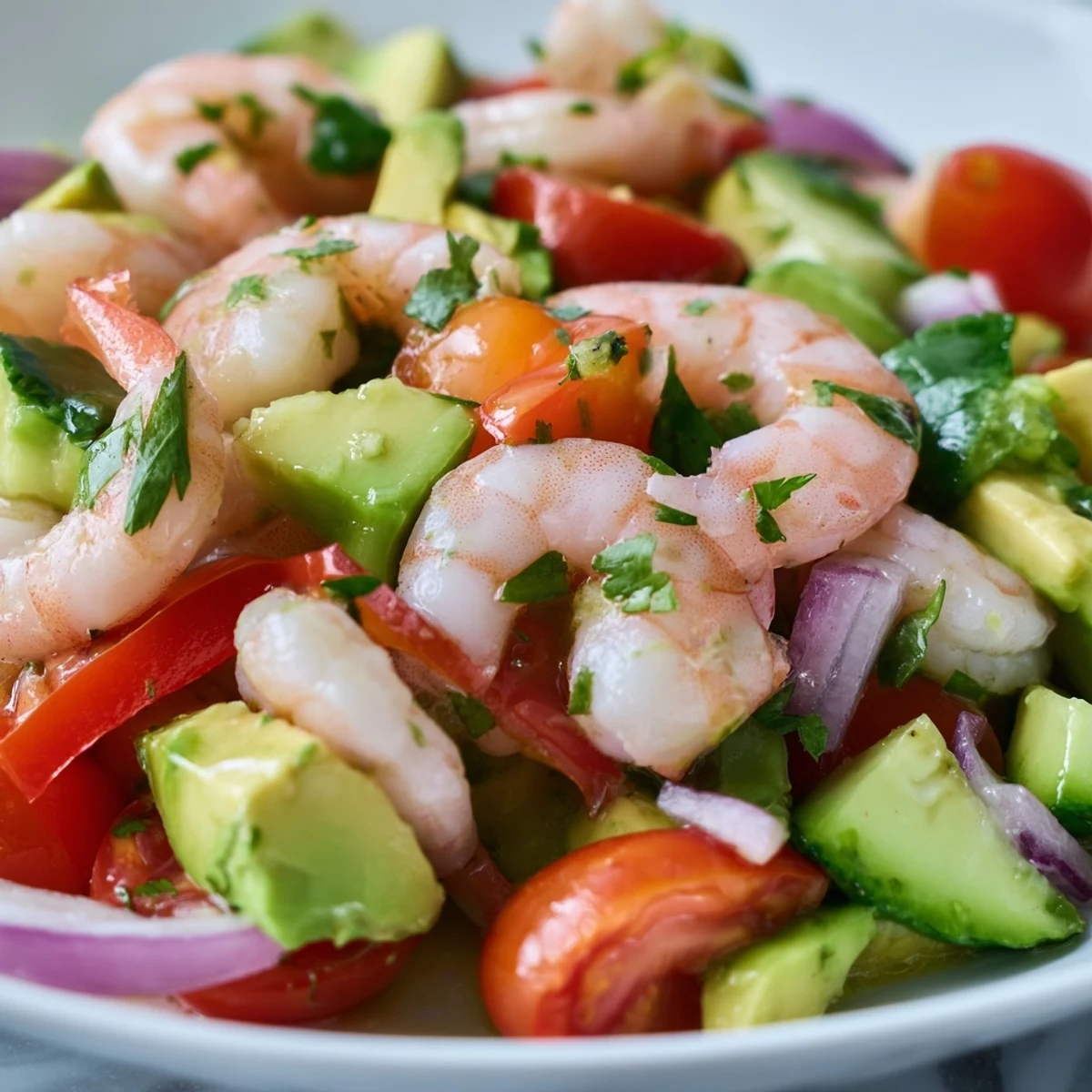 Colorful Healthy Shrimp Avocado Salad featuring cherry tomatoes, cucumber, and cilantro on a rustic wooden table setting.