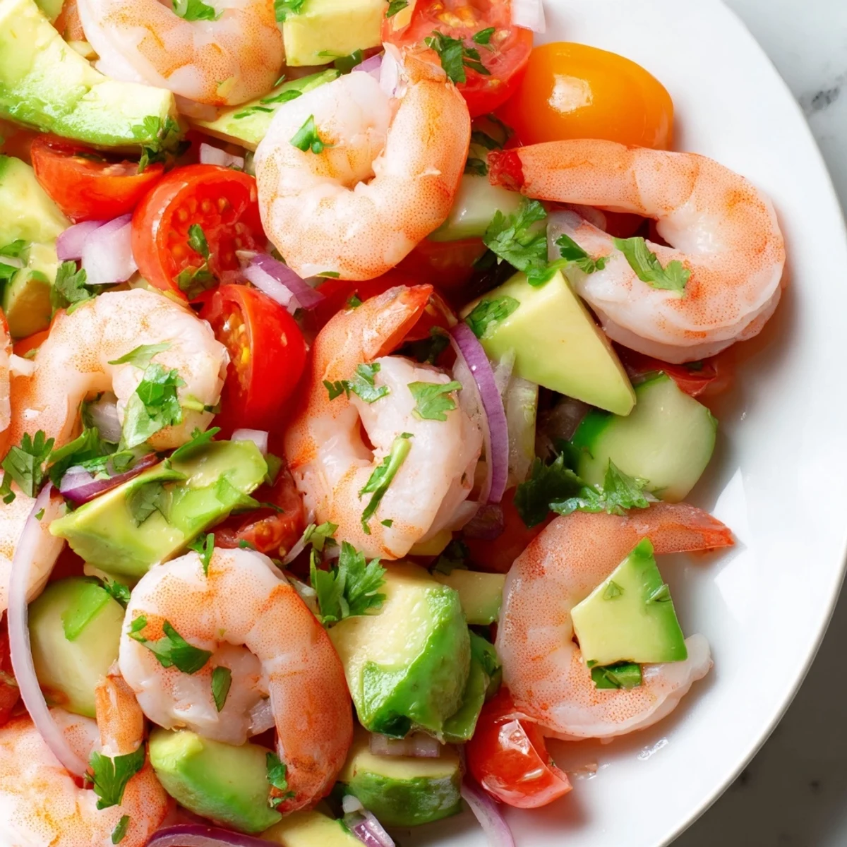 Spoon lifting a portion of Healthy Shrimp Avocado Salad, highlighting crisp vegetables and succulent shrimp with zesty lime.
