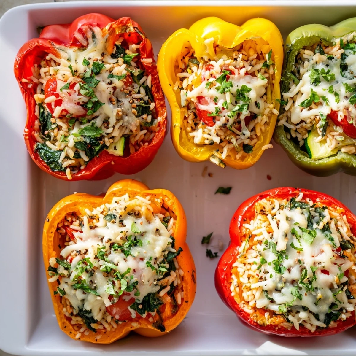 Golden-brown Vegetarian Stuffed Bell Peppers sit on a white plate with a side salad, baked to perfection with melted mozzarella on top.