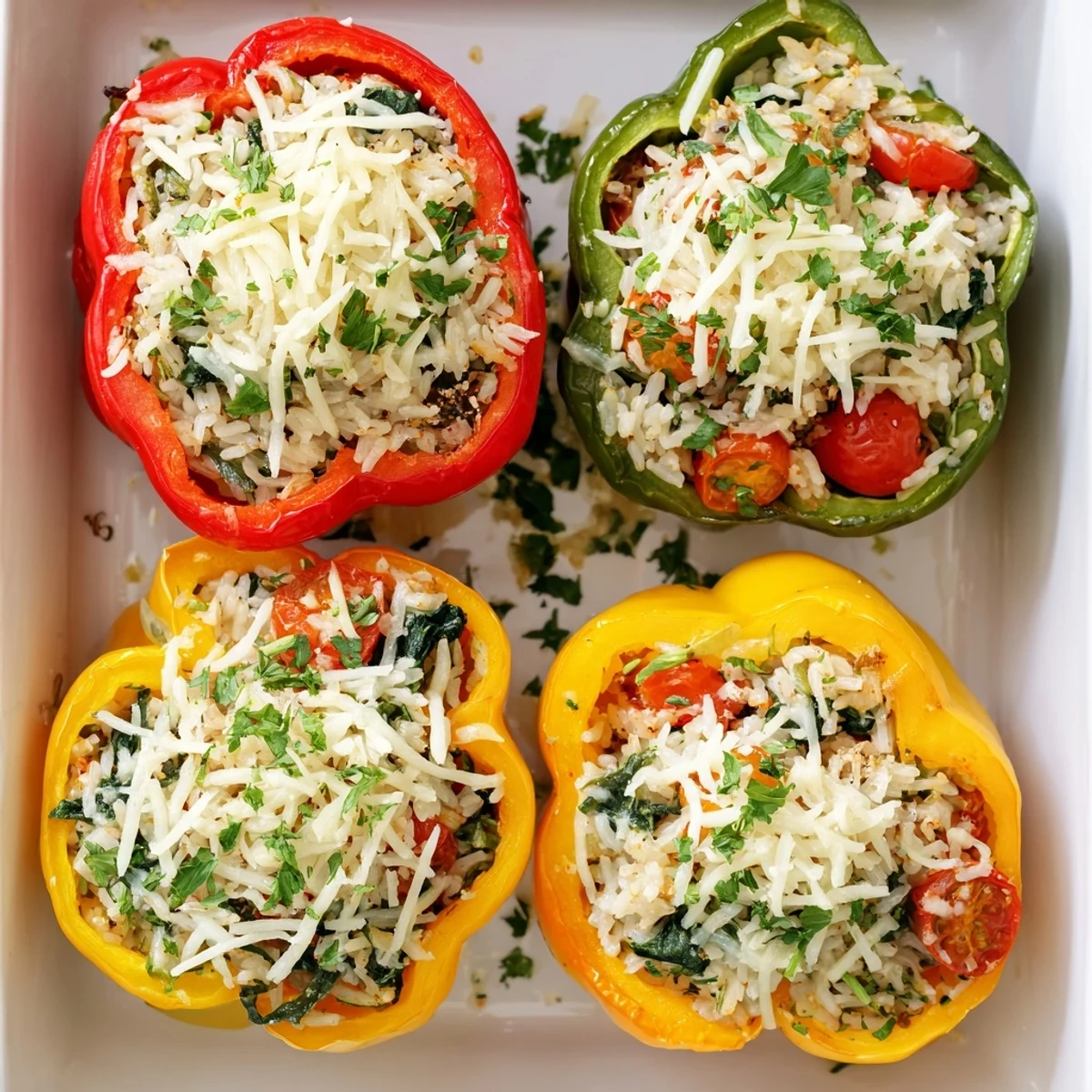 Freshly baked Vegetarian Stuffed Bell Peppers with colorful filling spilling out, served alongside a slice of crusty artisan bread for dinner.