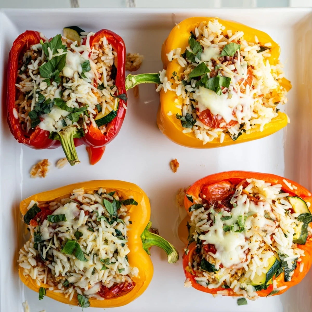 A close-up shot of Vegetarian Stuffed Bell Peppers showing layers of rice, spinach, and cheese, garnished with fresh parsley and red pepper flakes.