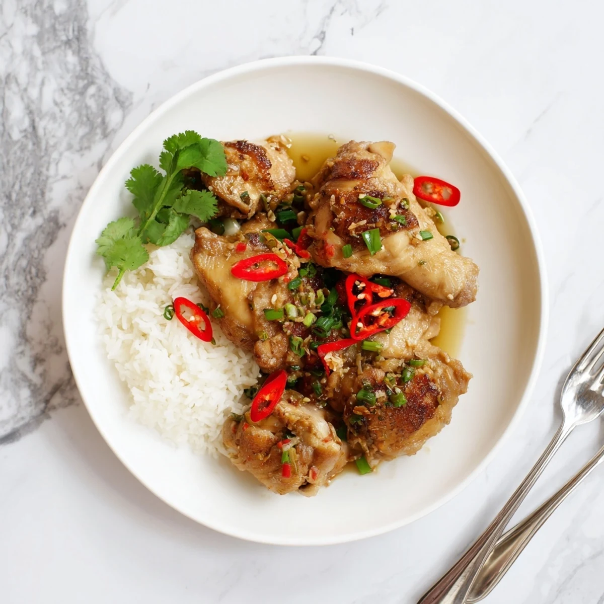 Golden-brown pan-seared Vietnamese Lemongrass Chicken pieces garnished with fresh cilantro and sliced red chili, served alongside fluffy steamed jasmine rice.