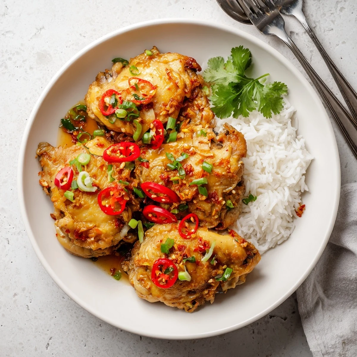 A close-up view of succulent Vietnamese Lemongrass Chicken in a skillet, featuring aromatic lemongrass marinade textures and vibrant scallions on top.