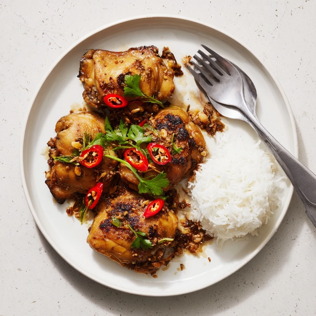 Vietnamese Lemongrass Chicken plated with vermicelli noodles and fresh herbs, highlighting the savory, garlicky glaze and tender meat texture for a complete meal.