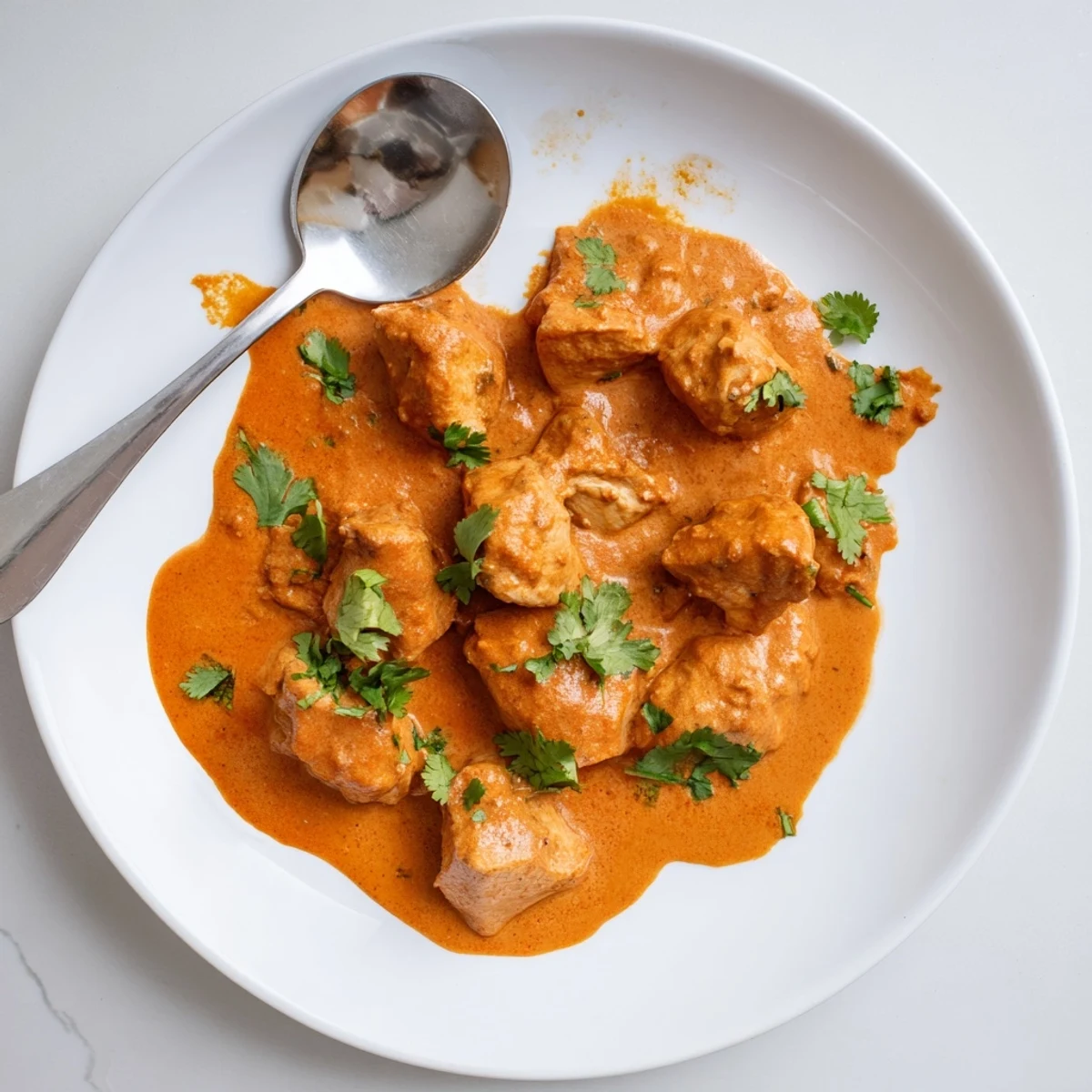 A close-up view of a bowl of homemade butter chicken with aromatic spices and a rich, orange-red sauce over steamed basmati rice.