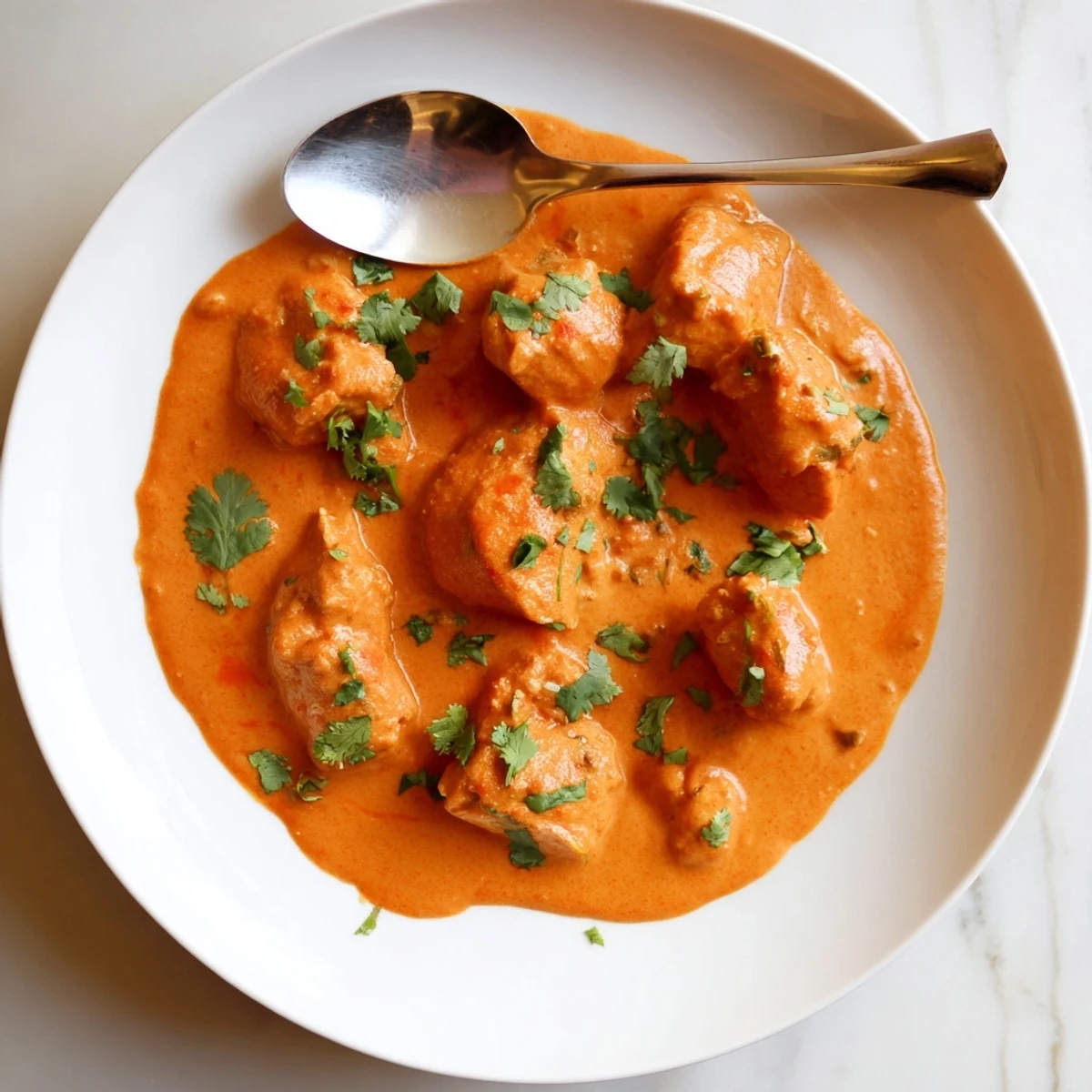 Tender chicken pieces simmered in a creamy, spiced tomato butter chicken sauce, garnished with fresh cilantro and served with naan bread on the side.