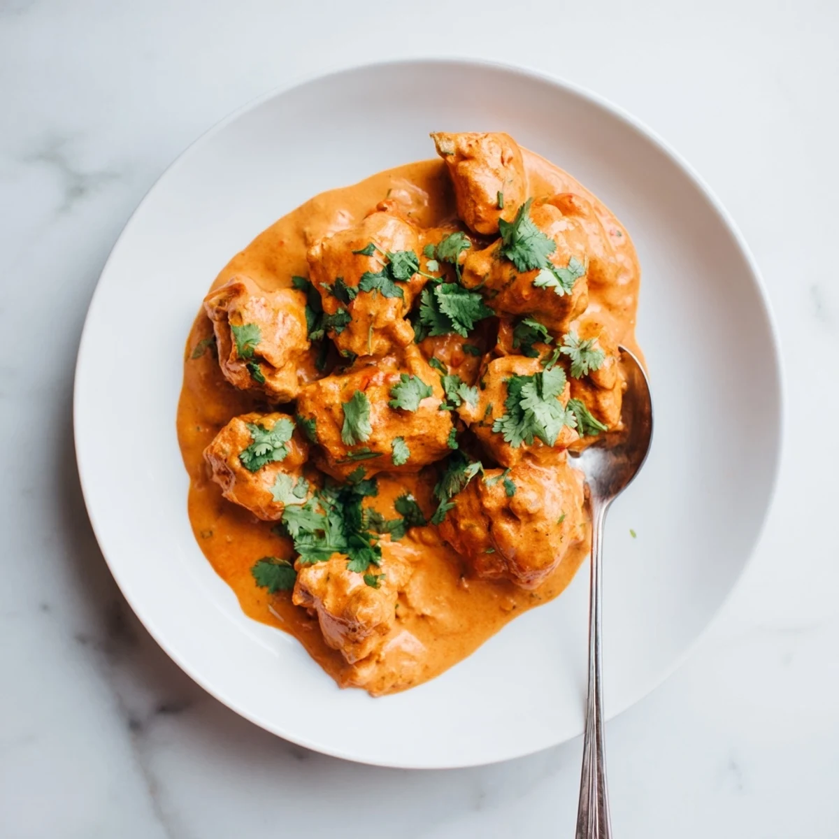 Visual guide to butter chicken, showing golden-brown chicken chunks in a velvety sauce, garnished with cilantro and ready to be enjoyed.