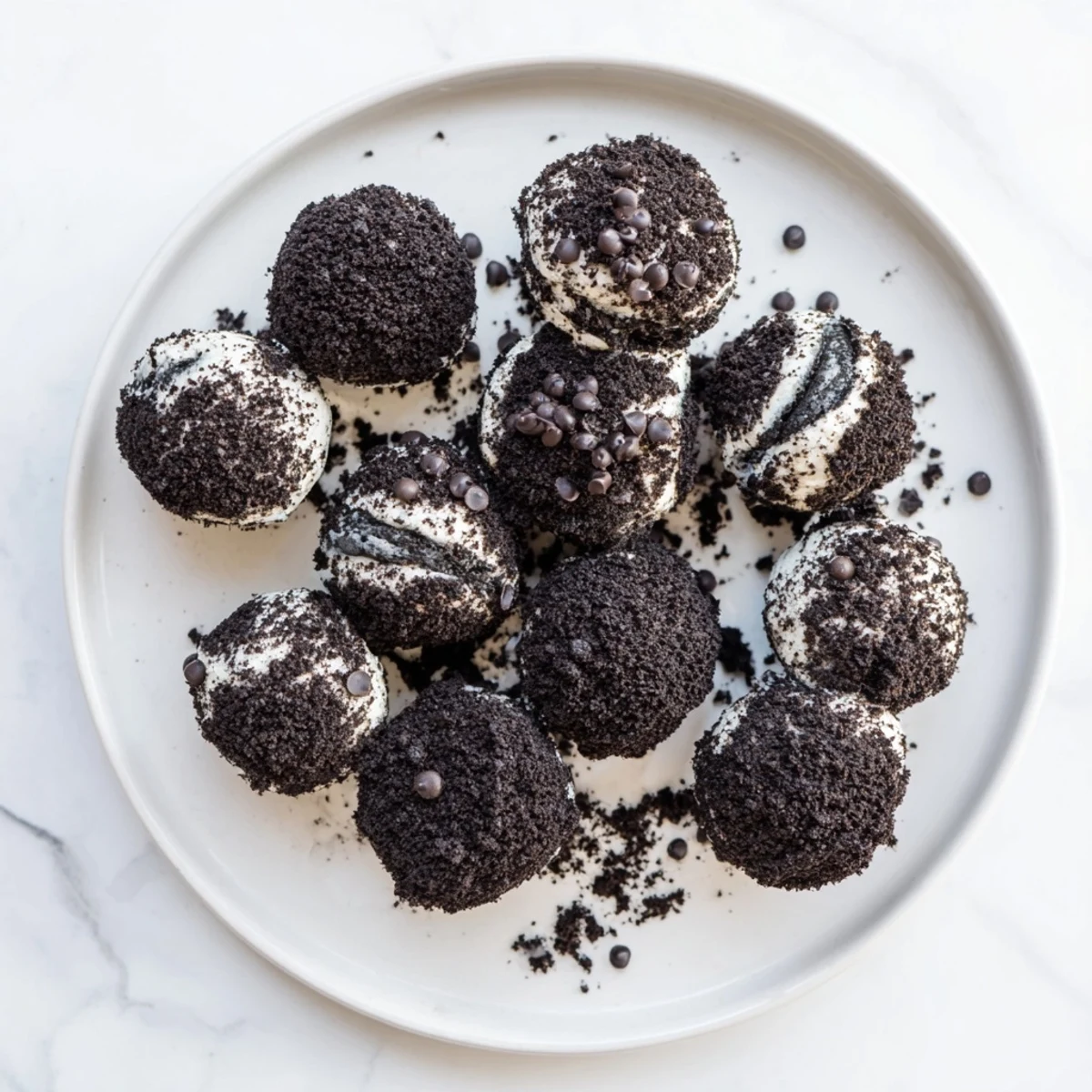Close-up of Cream Cheese Oreo Protein Balls showing creamy texture and Oreo crumb coating.