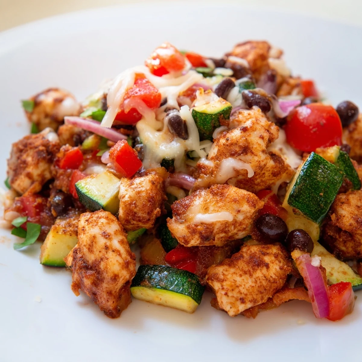 Juicy Tex Mex Chicken and Zucchini served over rice with lime wedges and warm flour tortillas on the side.