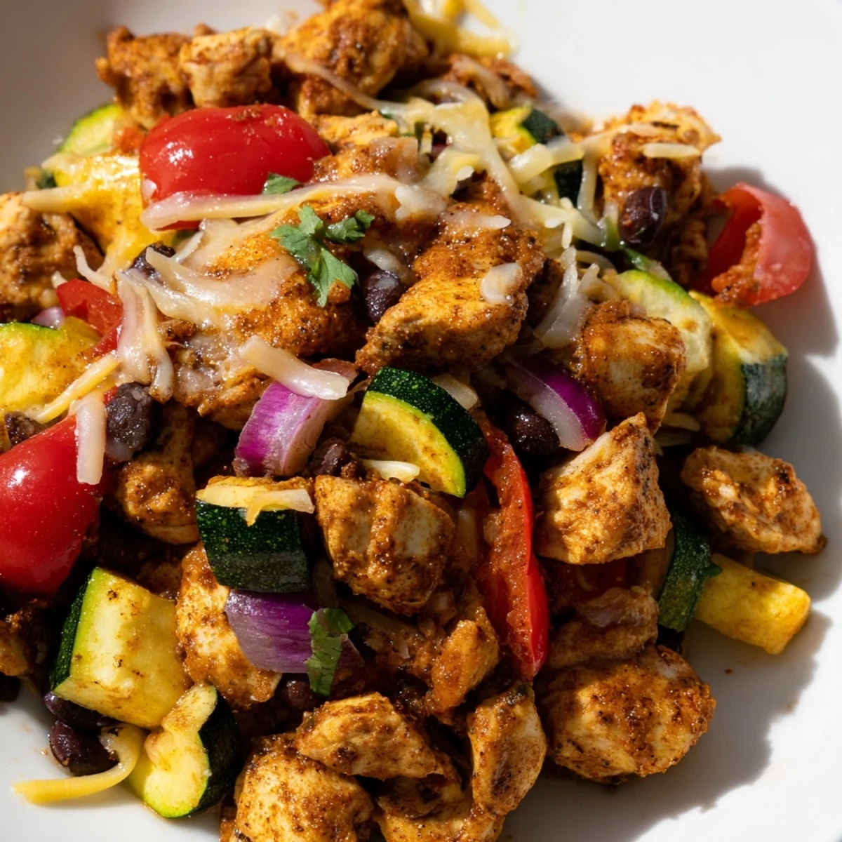 Golden Tex Mex Chicken and Zucchini sizzling in a skillet with melted cheese and fresh cilantro garnish.