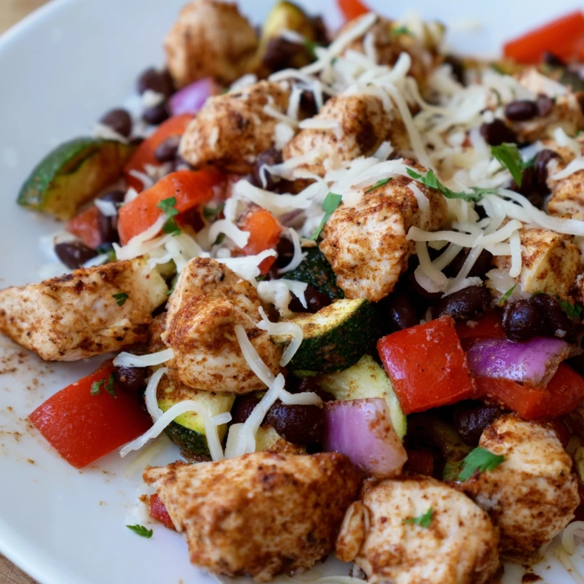 A close-up of Tex Mex Chicken and Zucchini in a pan, showcasing black beans, peppers, and zucchini slices.
