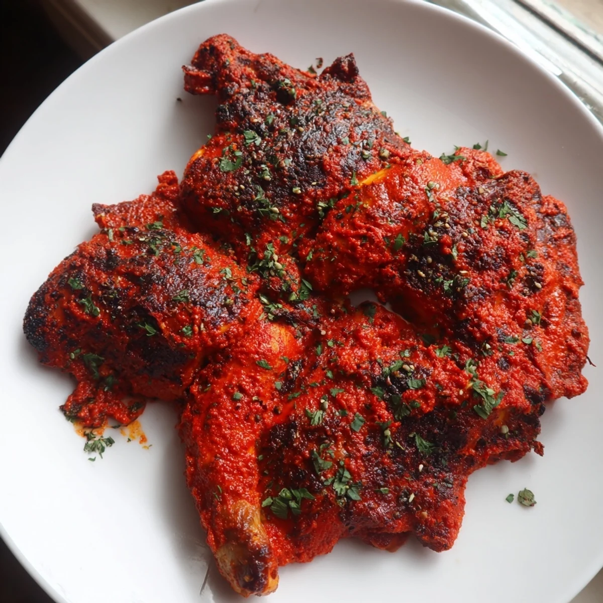 Juicy Peri Peri Chicken Portuguese Style, marinated in smoky red pepper sauce and served over a rustic cutting board.