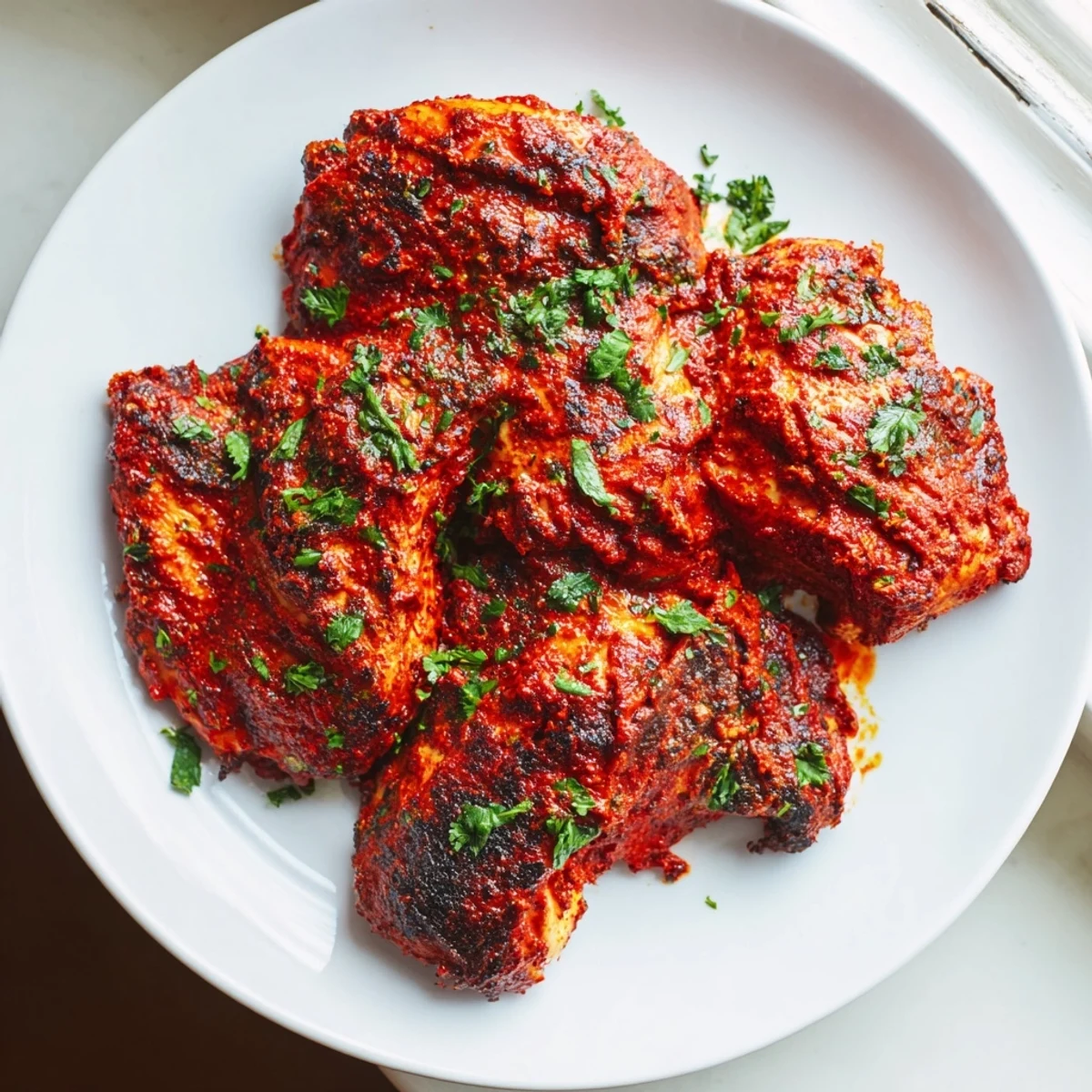 Sizzling Peri Peri Chicken Portuguese Style, charred on the grill and garnished with lemon wedges and fresh parsley.