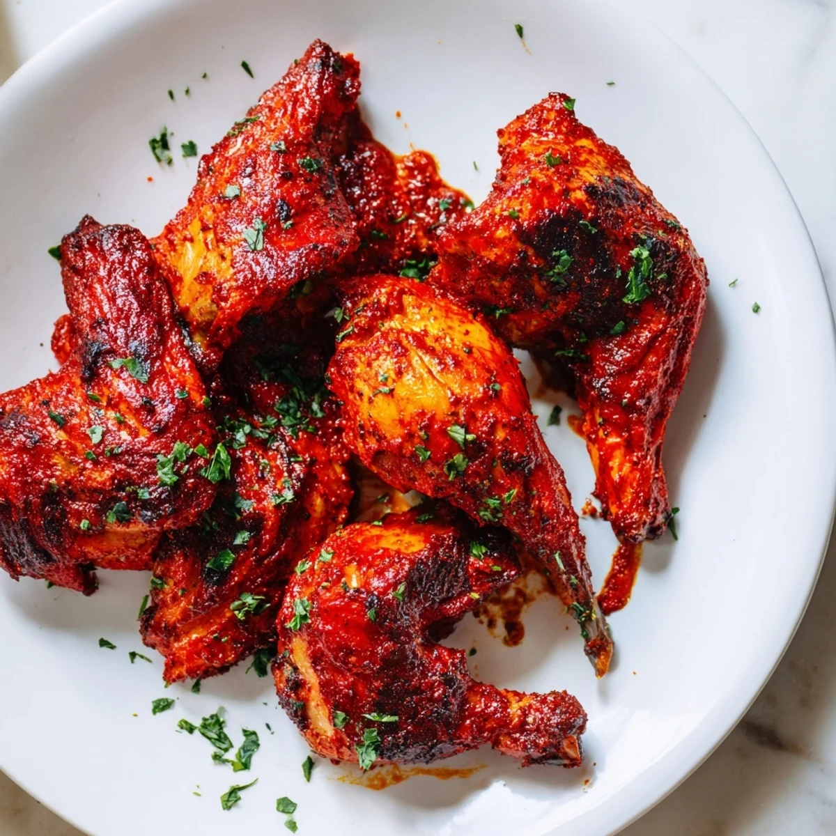 Golden-brown Peri Peri Chicken Portuguese Style, drizzled with lemon juice and resting alongside vibrant grilled lemon wedges.