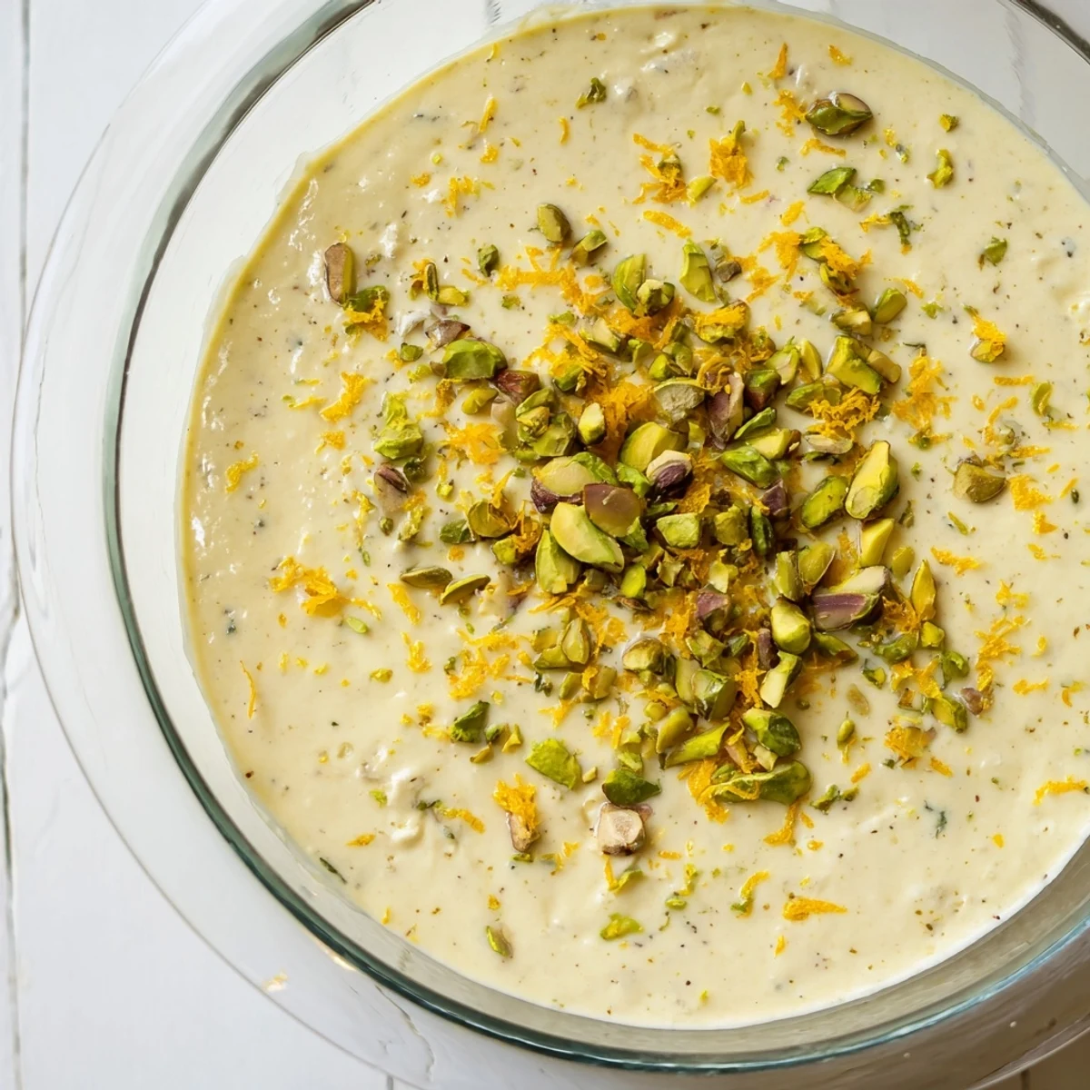 Spoon-ready Lebanese Date Orange Blossom Mousse garnished with pistachios and citrus zest on a marble surface.