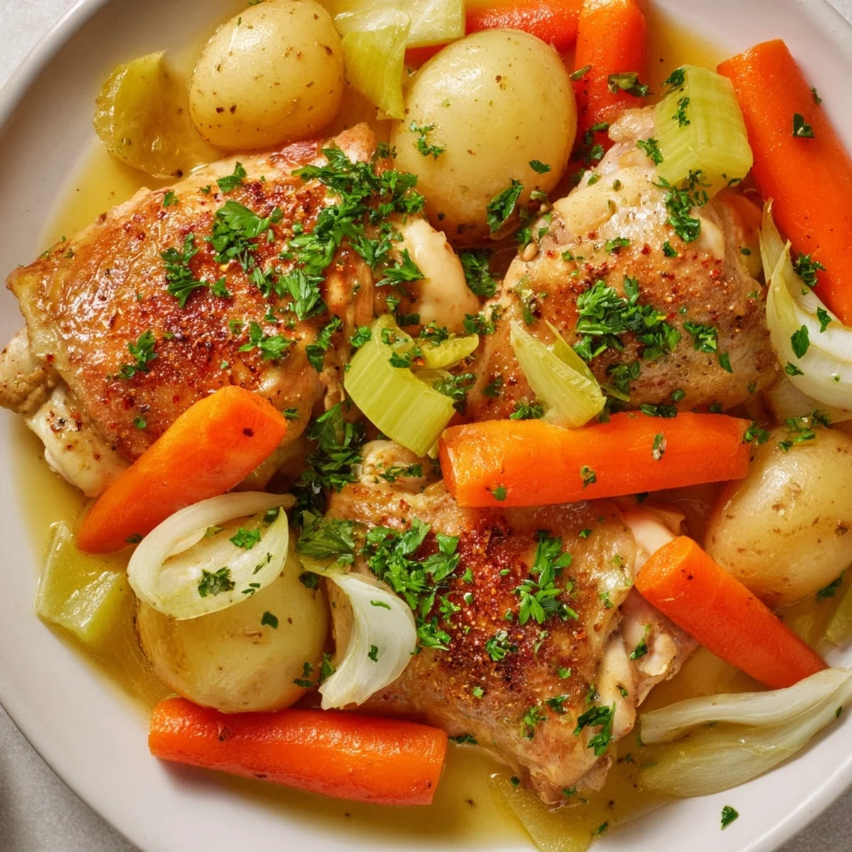 Healthy Savory Slow Cooker Chicken garnished with parsley beside brown rice and steamed greens.