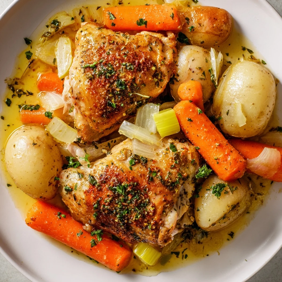 Tender Healthy Savory Slow Cooker Chicken thighs with carrots and potatoes in a rich herb broth.