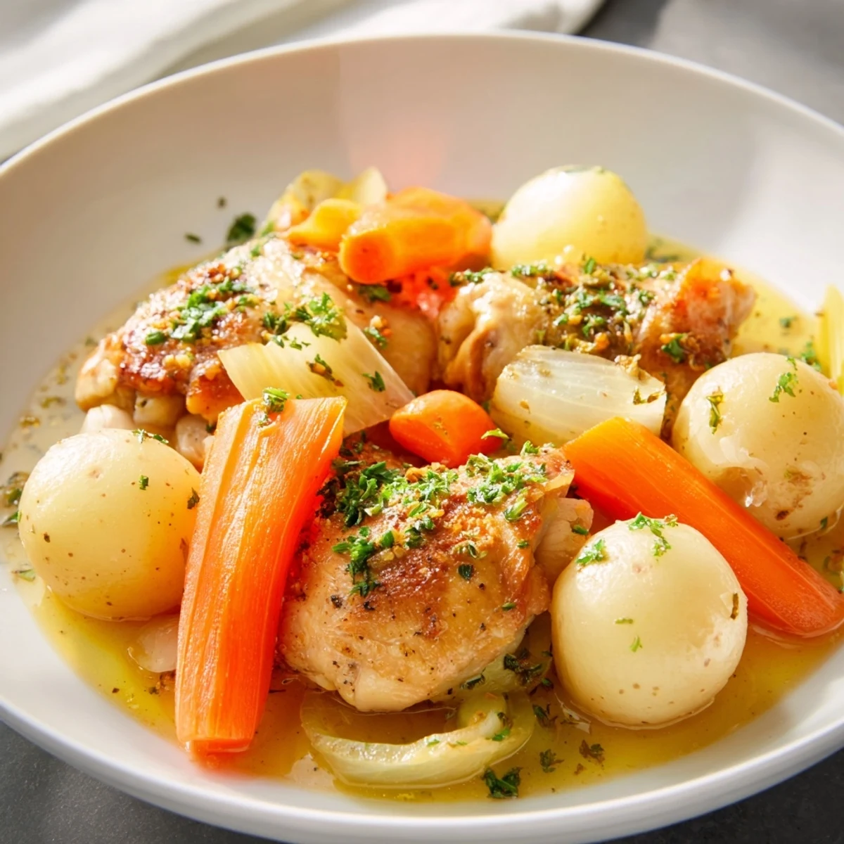 Sizzling seared Healthy Savory Slow Cooker Chicken lifted from the slow cooker with a savory sauce.