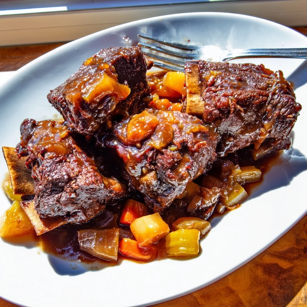 Maple Bourbon Glazed Short Ribs braised to tender perfection, with rich caramelized sauce in a rustic Dutch oven.