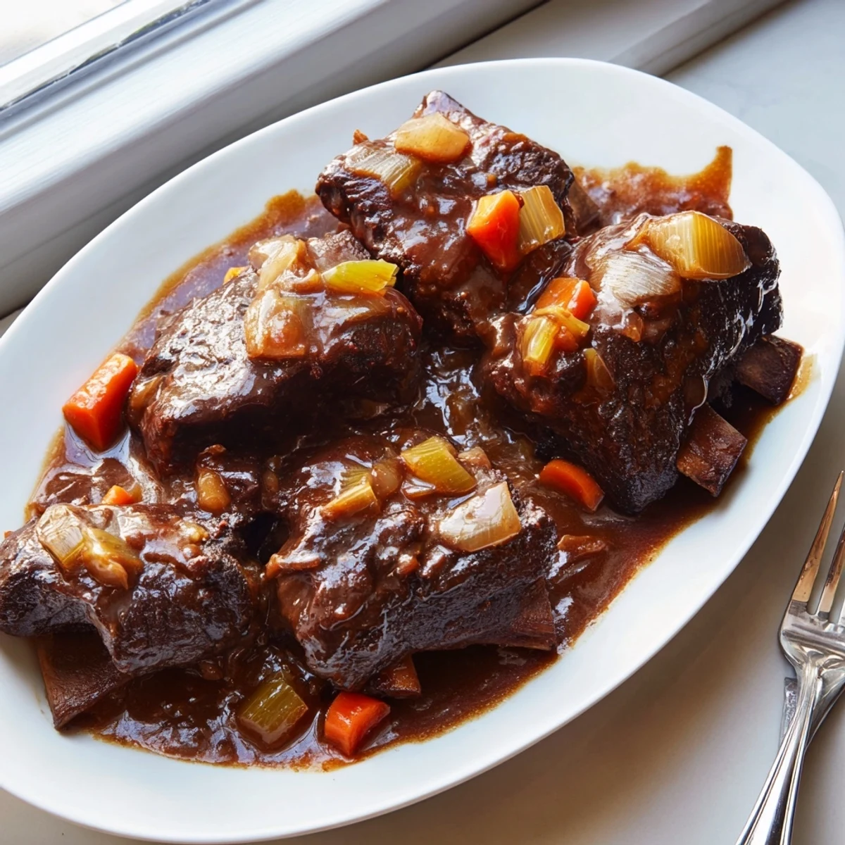 Glossy Maple Bourbon Glazed Short Ribs resting on a platter, glistening with sweet and smoky barbecue-style sauce.
