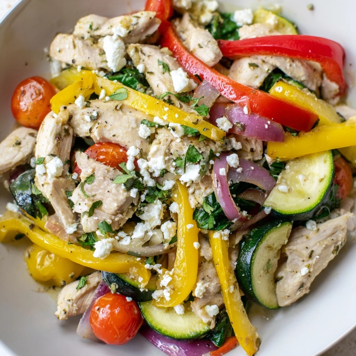 A close-up of Mediterranean Chicken Stir Fry highlights tender chicken strips and crisp vegetables on a white plate.