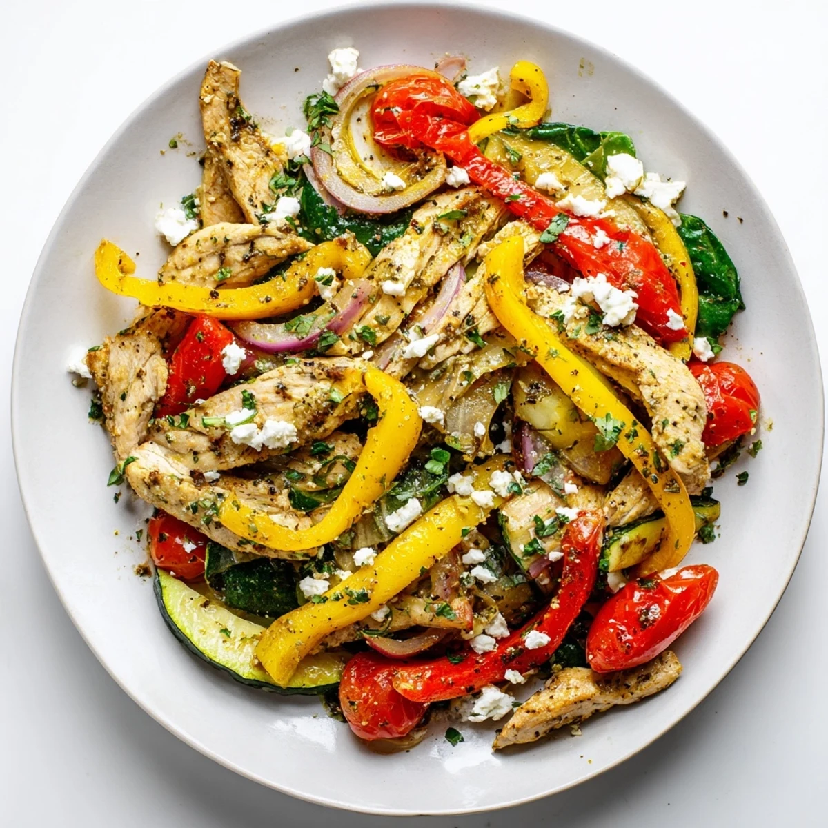 Fresh Mediterranean Chicken Stir Fry sizzles in a skillet with colorful peppers and zucchini, garnished with parsley and crumbled feta.  