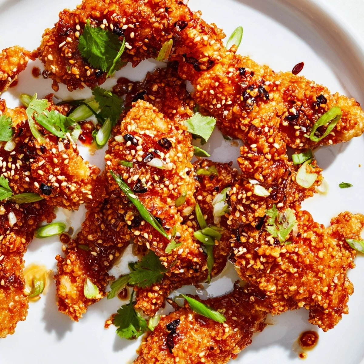 Golden-brown Thai Sticky Chicken Fingers glazed with spicy sweet sauce on a serving platter.