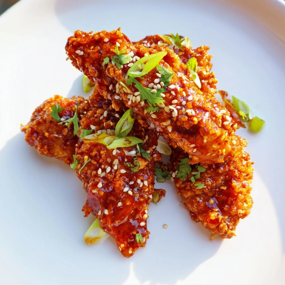 Crispy baked Thai Sticky Chicken Fingers garnished with green onions and sesame seeds close-up.