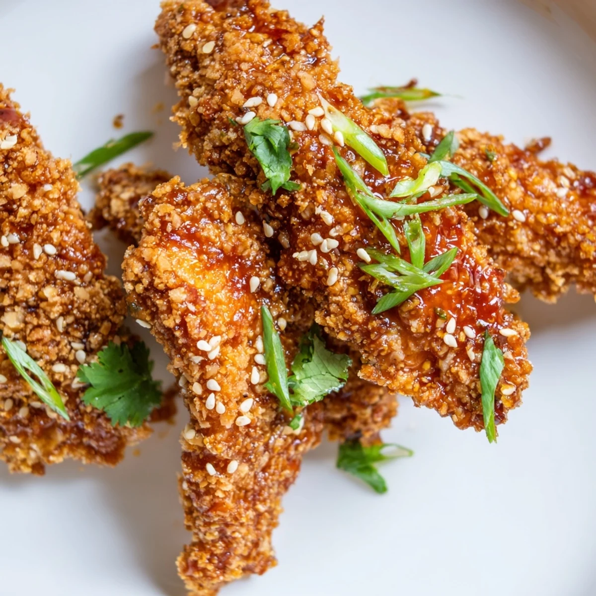 Appetizing plate of Thai Sticky Chicken Fingers with fresh cilantro and dipping sauce nearby.