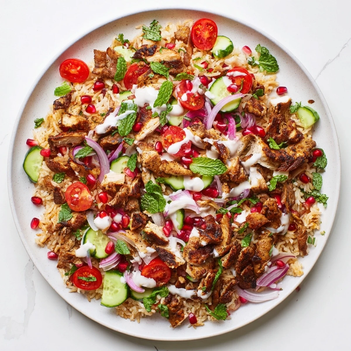 Golden-brown shawarma chicken, crispy rice, fresh veggies, and creamy yogurt-tahini dressing make this Chicken Shawarma Crispy Rice Salad ready to serve.
