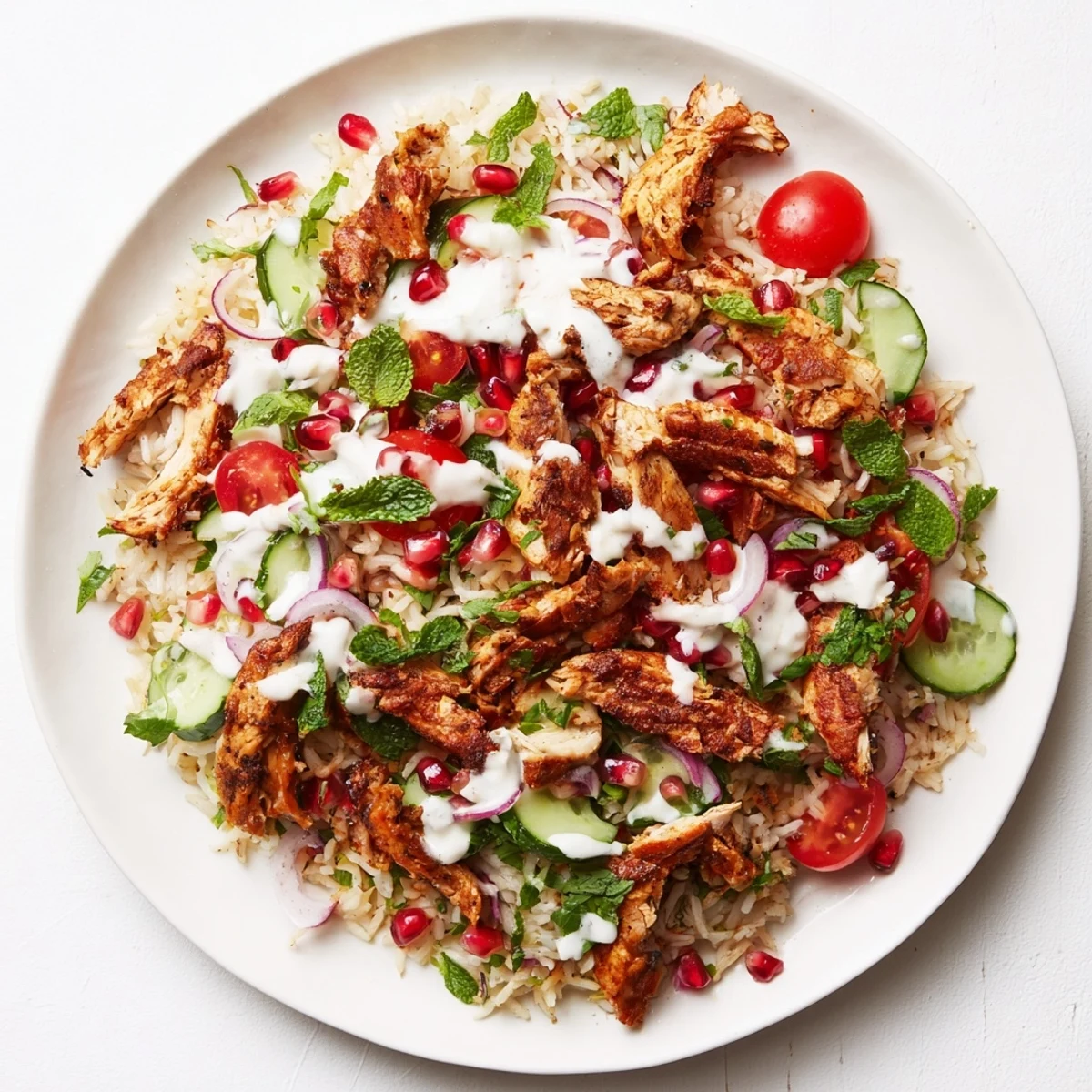A colorful bowl of Chicken Shawarma Crispy Rice Salad with pomegranate seeds, fresh herbs, and crunchy textures for a vibrant Middle Eastern meal.
