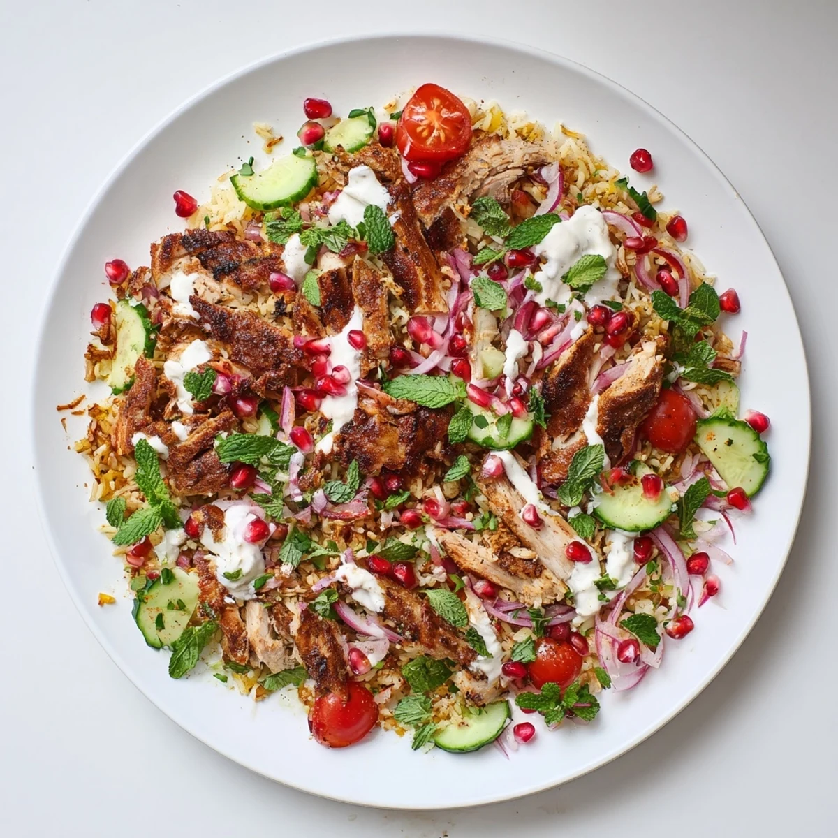 Close-up of Chicken Shawarma Crispy Rice Salad featuring shawarma-spiced chicken, crisp basmati rice, and a drizzle of yogurt-tahini dressing for savory flavor.