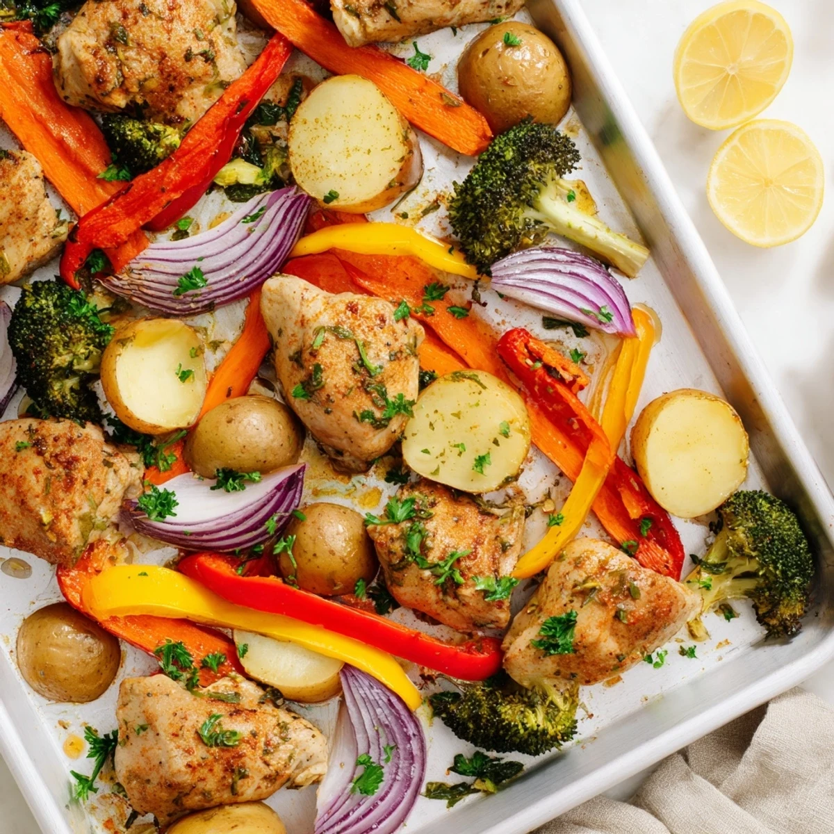 Golden-brown Sheet Pan Lemon Herb Chicken and Vegetables roasted with tender potatoes and crisp broccoli, garnished with fresh parsley.