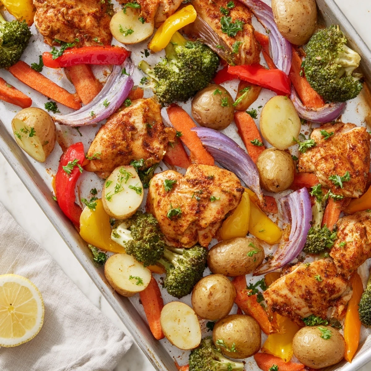 A close-up of Sheet Pan Lemon Herb Chicken and Vegetables featuring juicy chicken breasts beside vibrant bell peppers and carrots.