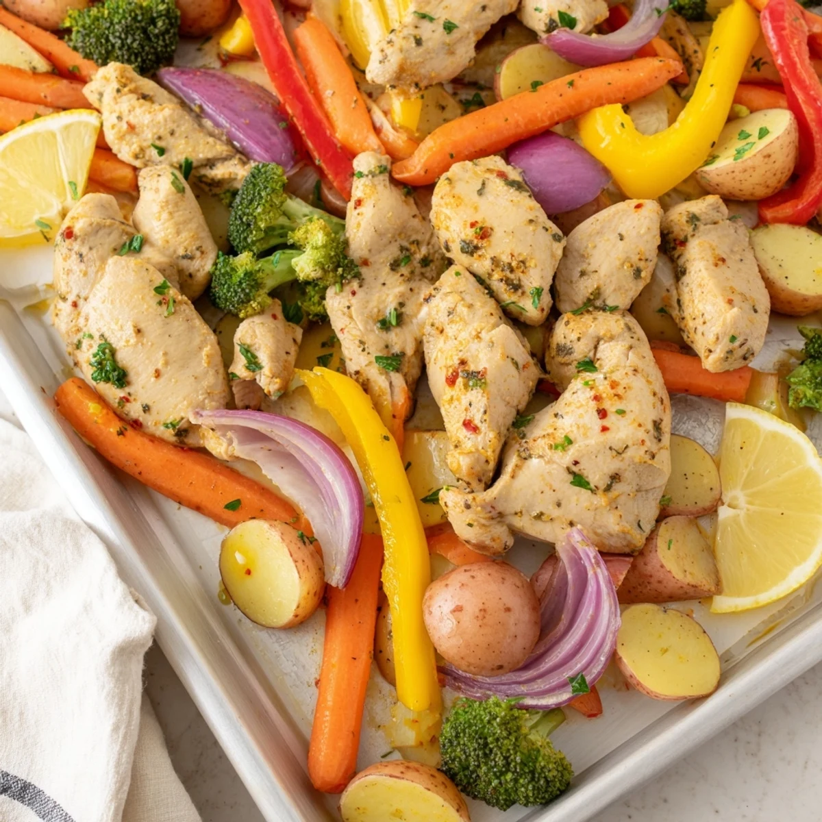 Sizzling Sheet Pan Lemon Herb Chicken and Vegetables served straight from the oven with lemon wedges on a rustic table.