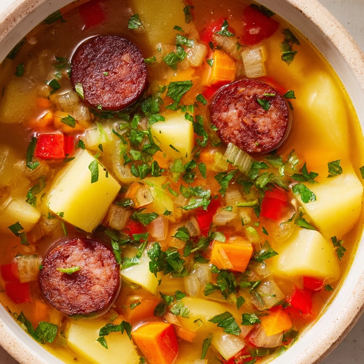 Comforting serving of Spanish Potato Soup with Chorizo ladled into a rustic bowl with crusty bread.