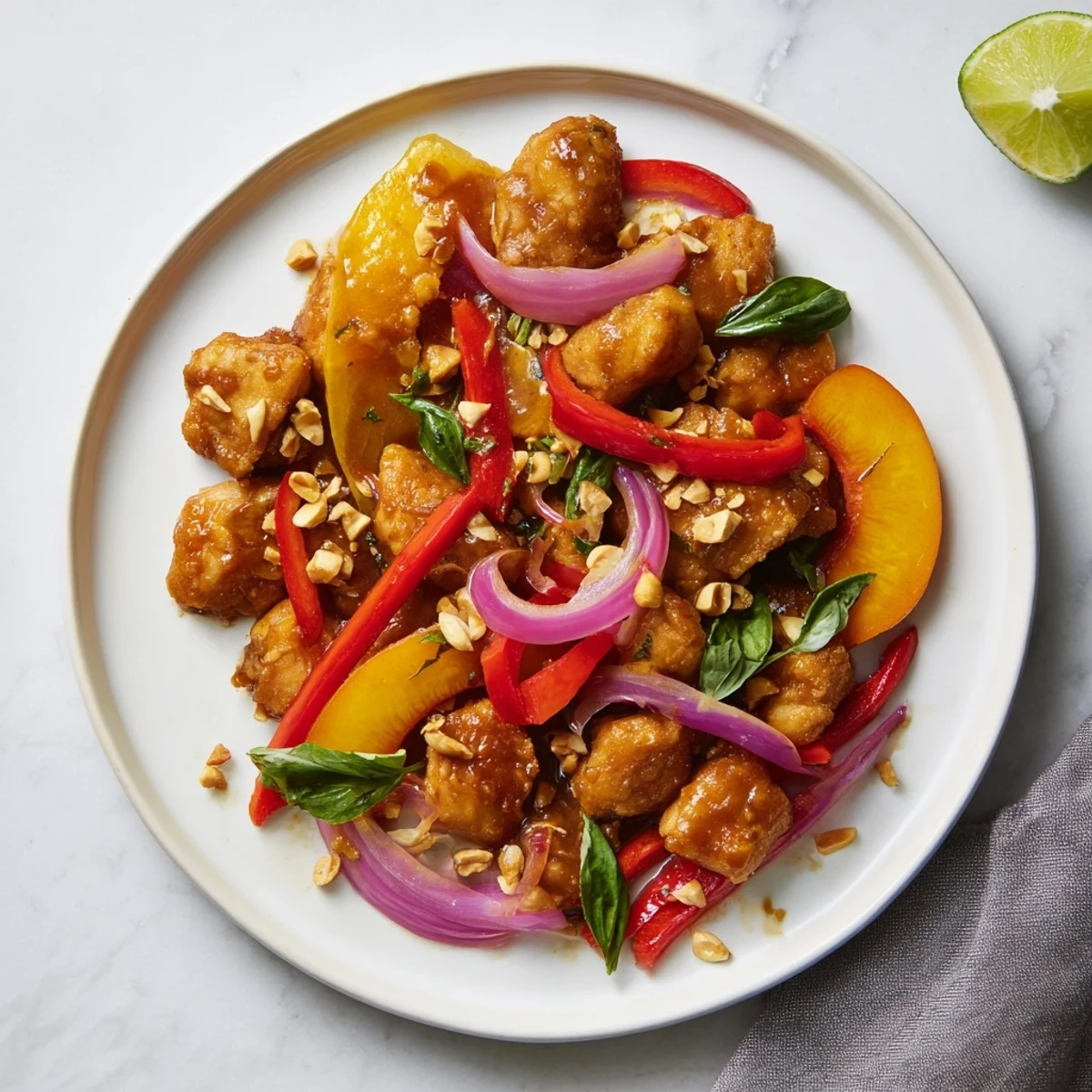 Thai Peach Chicken plated on white rice with caramelized chicken, juicy peach wedges, and crisp red and yellow peppers garnished with fragrant Thai basil.