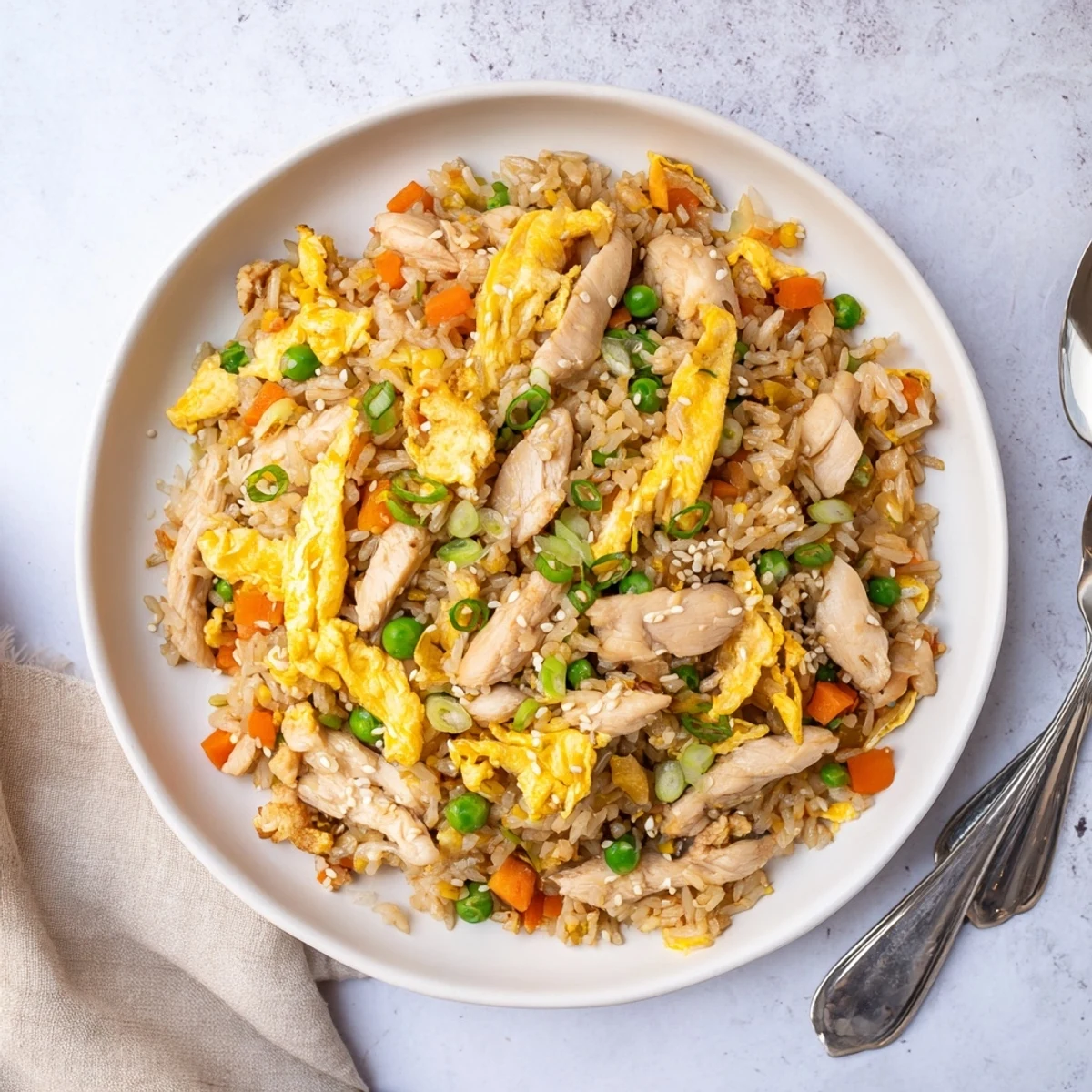 Golden ribbons of egg omelette draped over steaming chicken fried rice with colorful vegetables