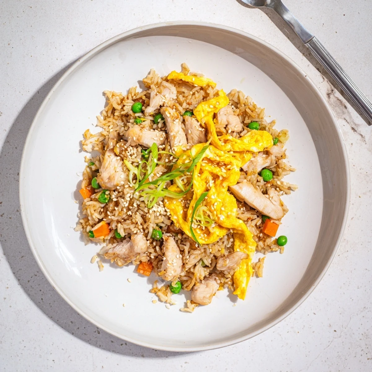 Plate of Asian chicken fried rice topped with sliced egg omelette and fresh scallion garnish