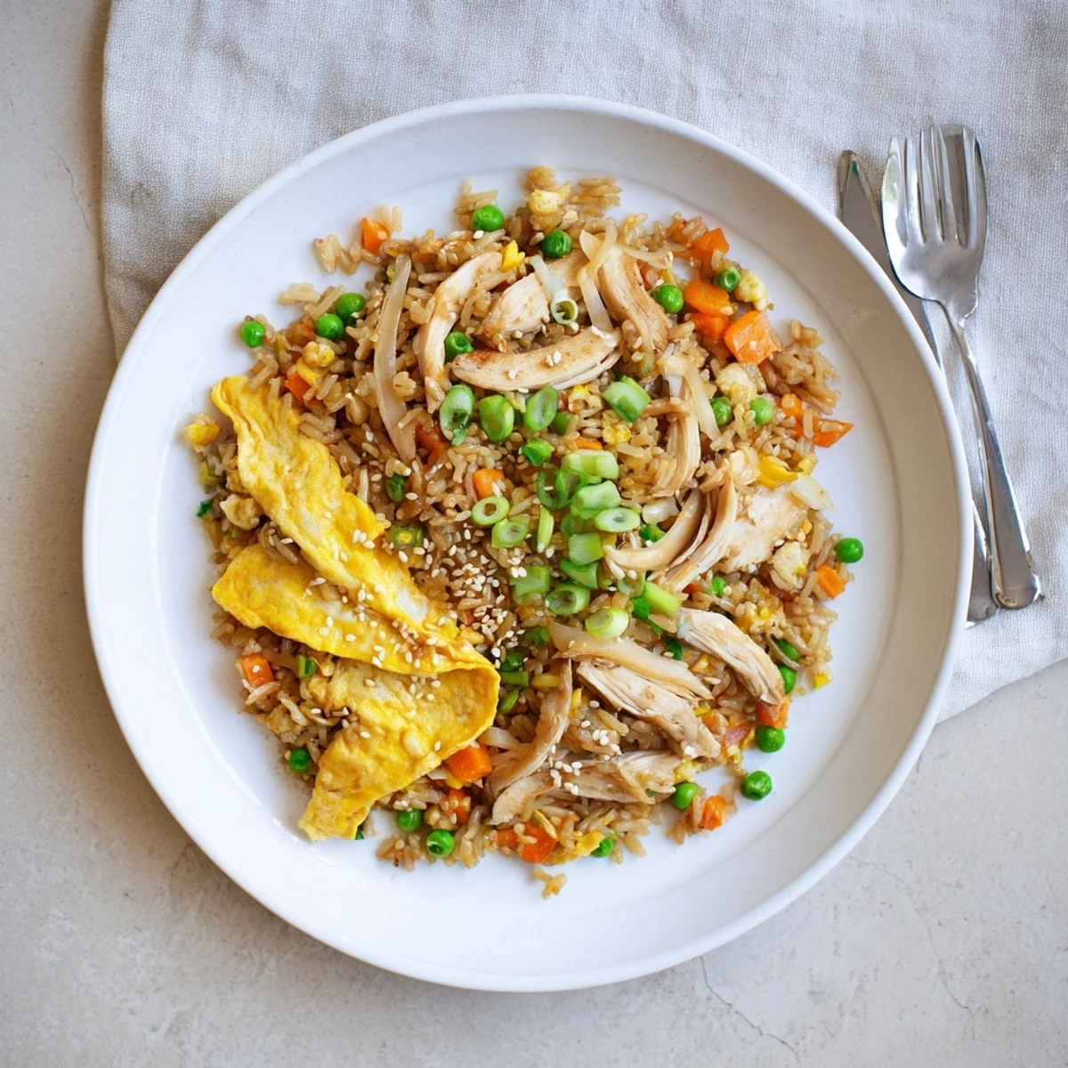Wok-tossed chicken fried rice with tender meat pieces and ribbons of golden egg omelette