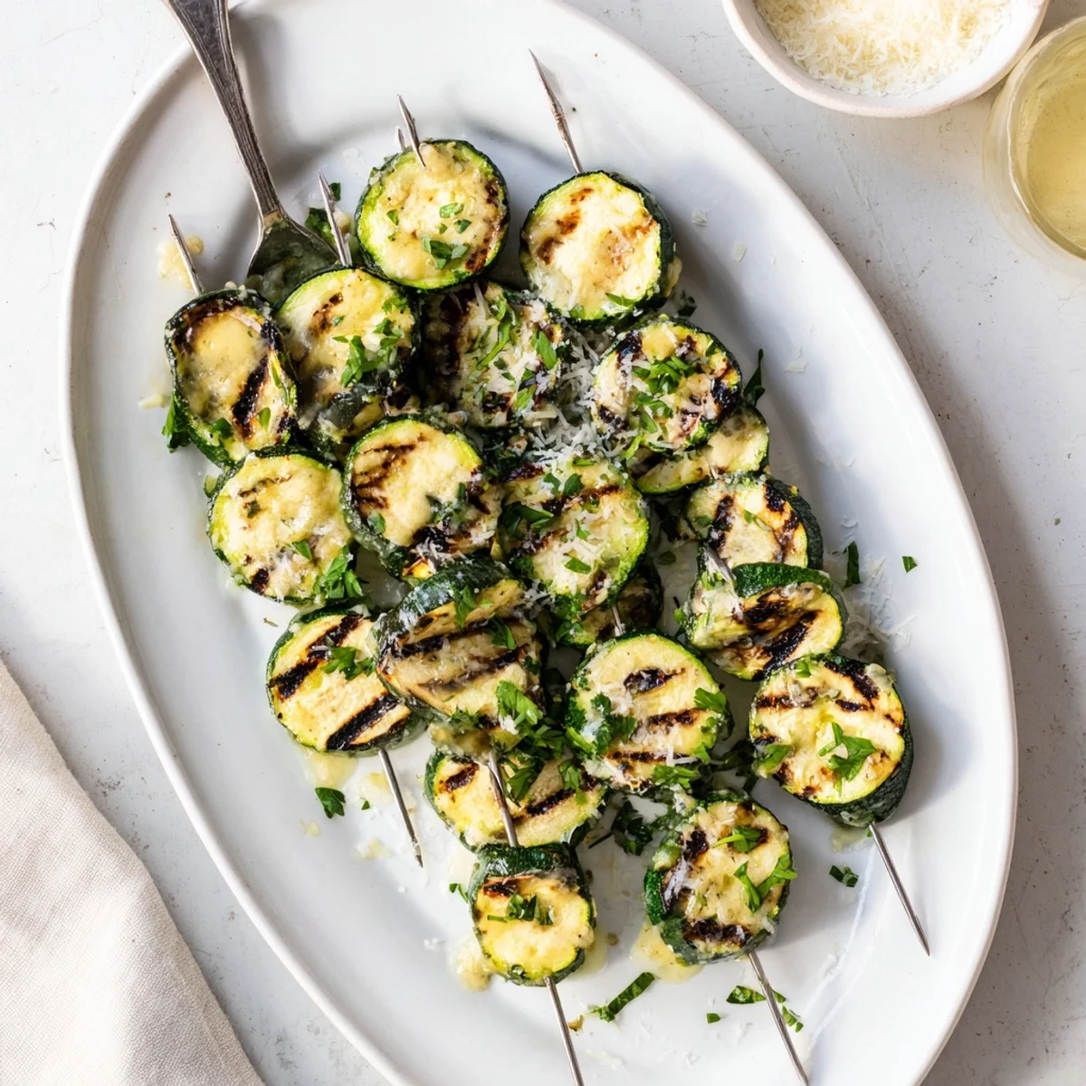 Golden grilled zucchini rounds on skewers brushed with savory garlic butter and fresh parsley
