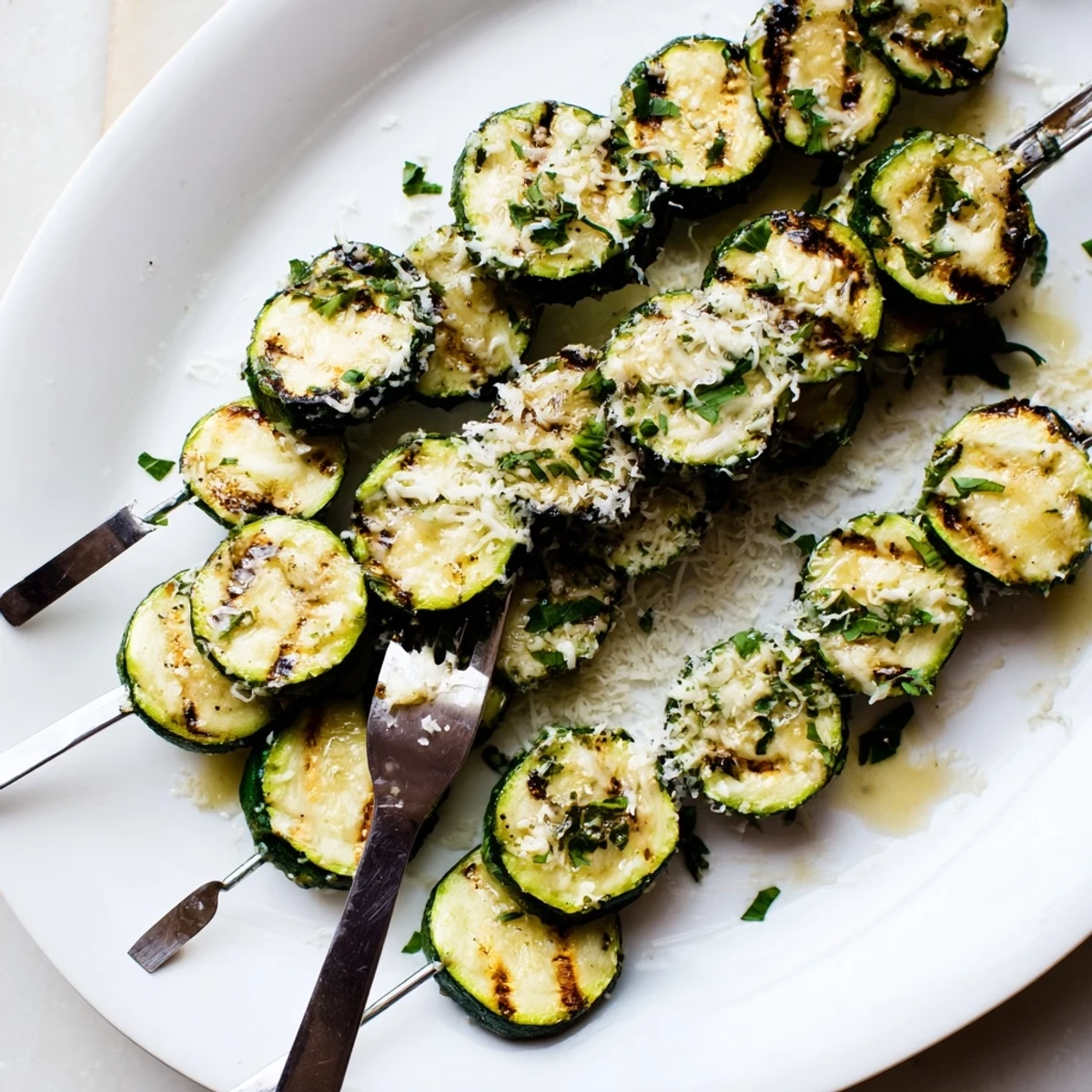 Tender zucchini skewers basted with melted garlic butter featuring attractive grill marks and charred edges