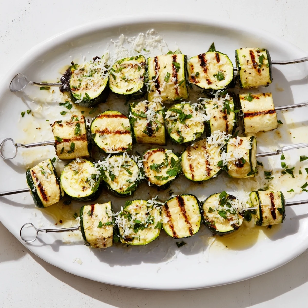 Easy garlic butter zucchini skewers arranged on a serving platter with optional Parmesan cheese sprinkled on top